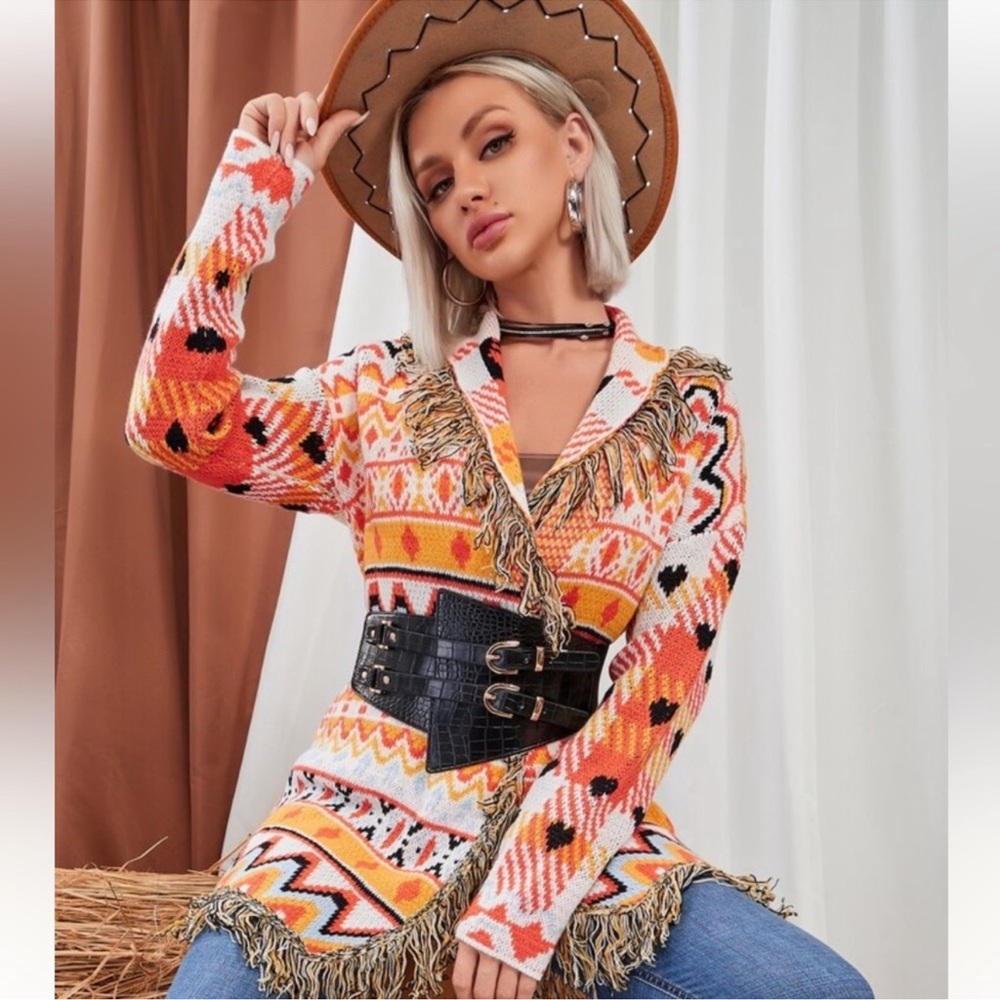SHEIN Orange and Black Graphic Long Sleeve Blouse